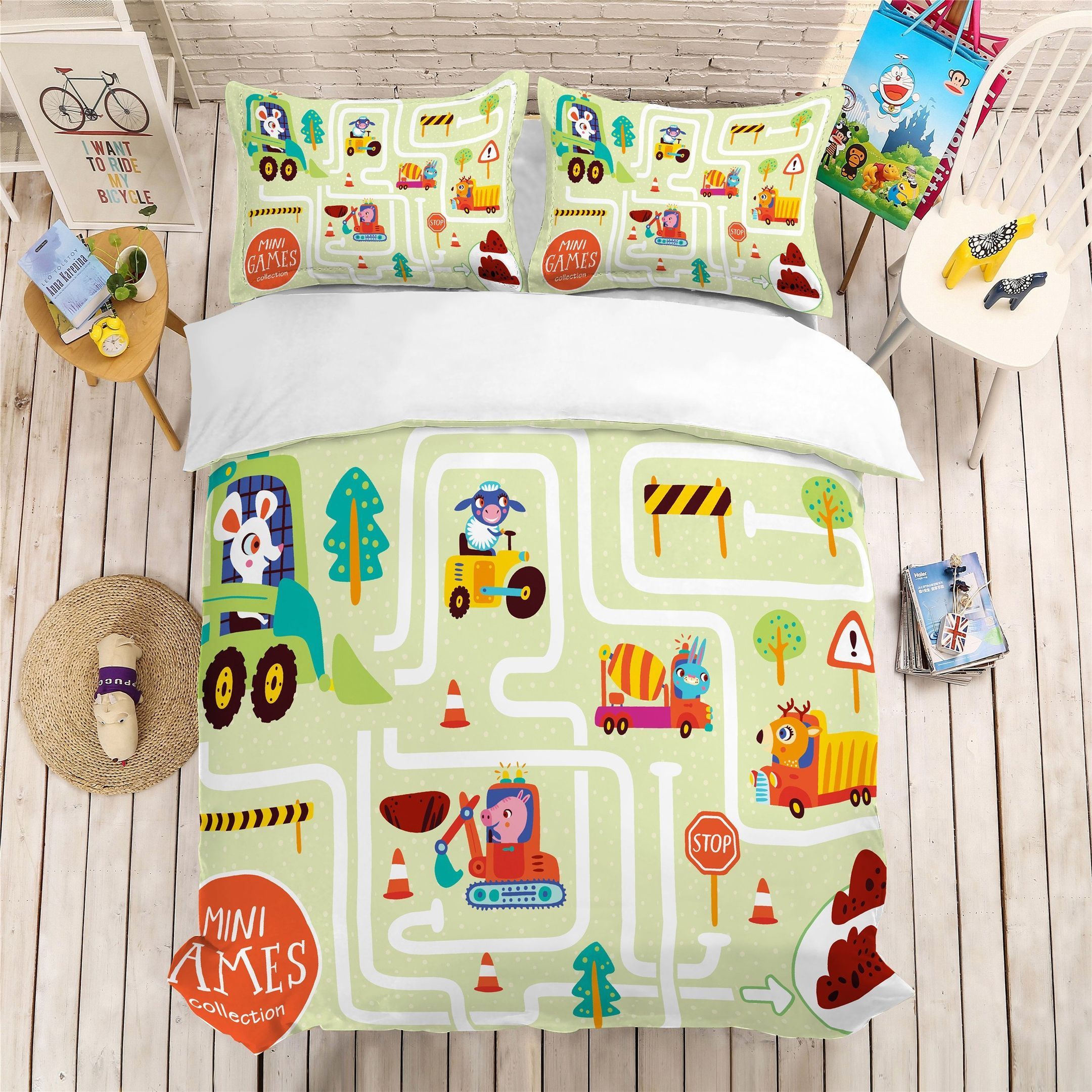 3d Cartoon Animals Car Engineering Vehicle Map Pattern Bedding Set