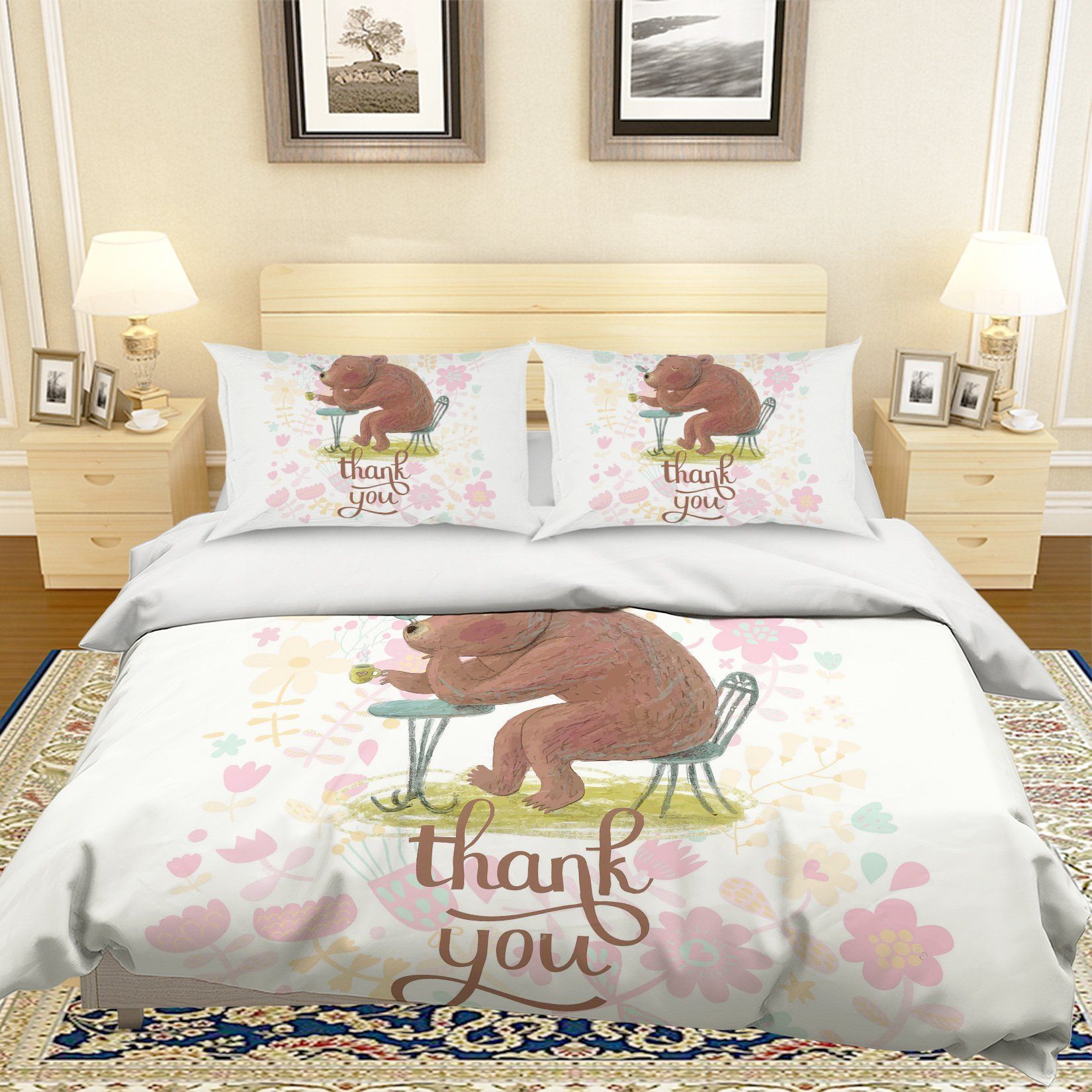 3d Cartoon Bear Flower Thank You Bedding Set