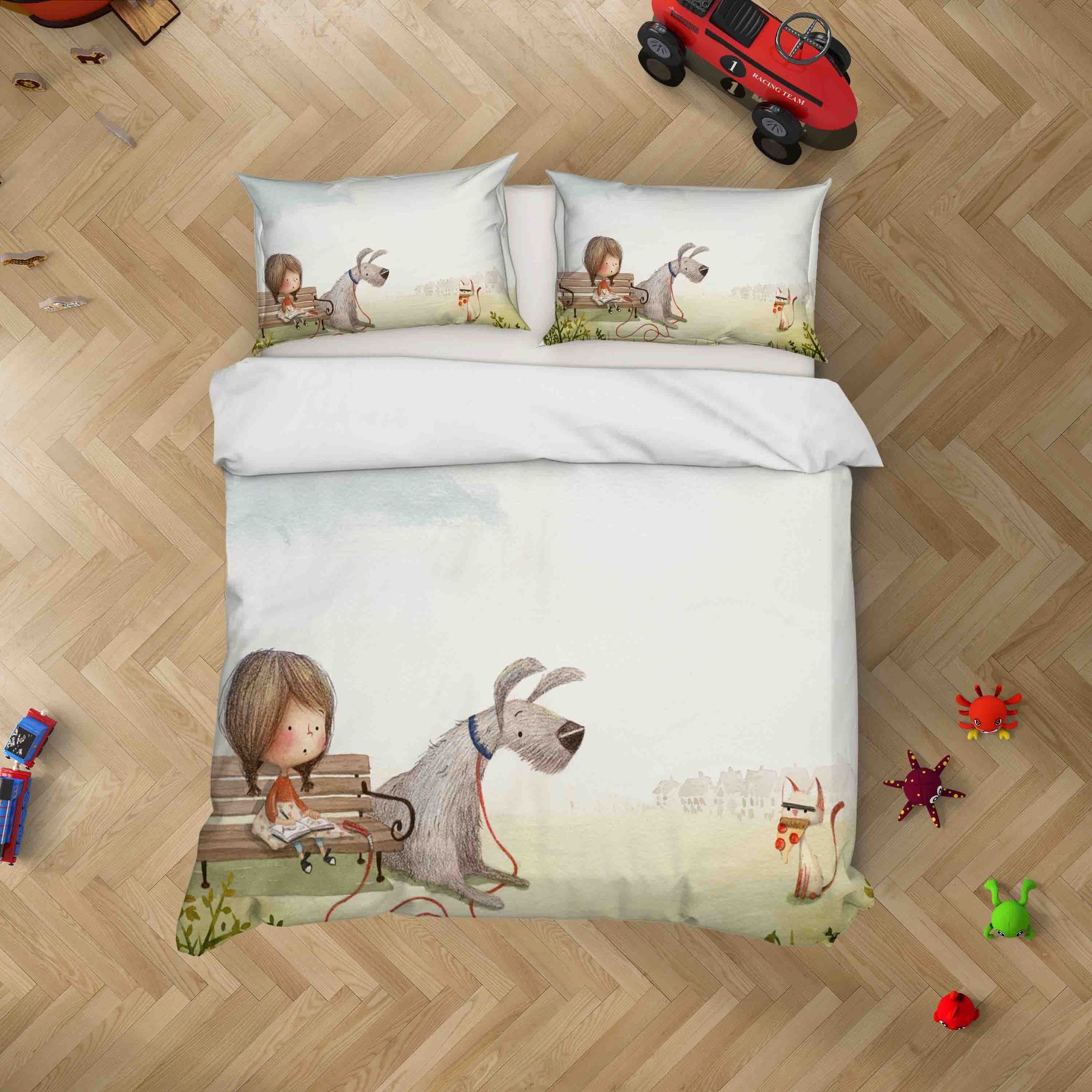 3d Cartoon Bench Girl Dog Cat Bedding Set