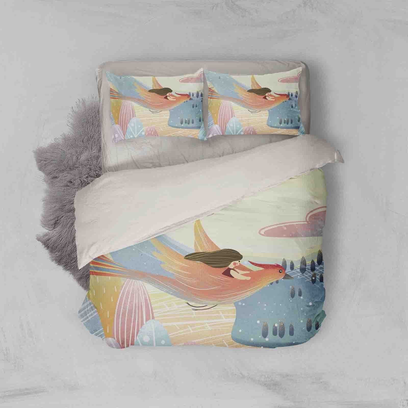 3d Cartoon Bird Girl Trees Leaves Bedding Set