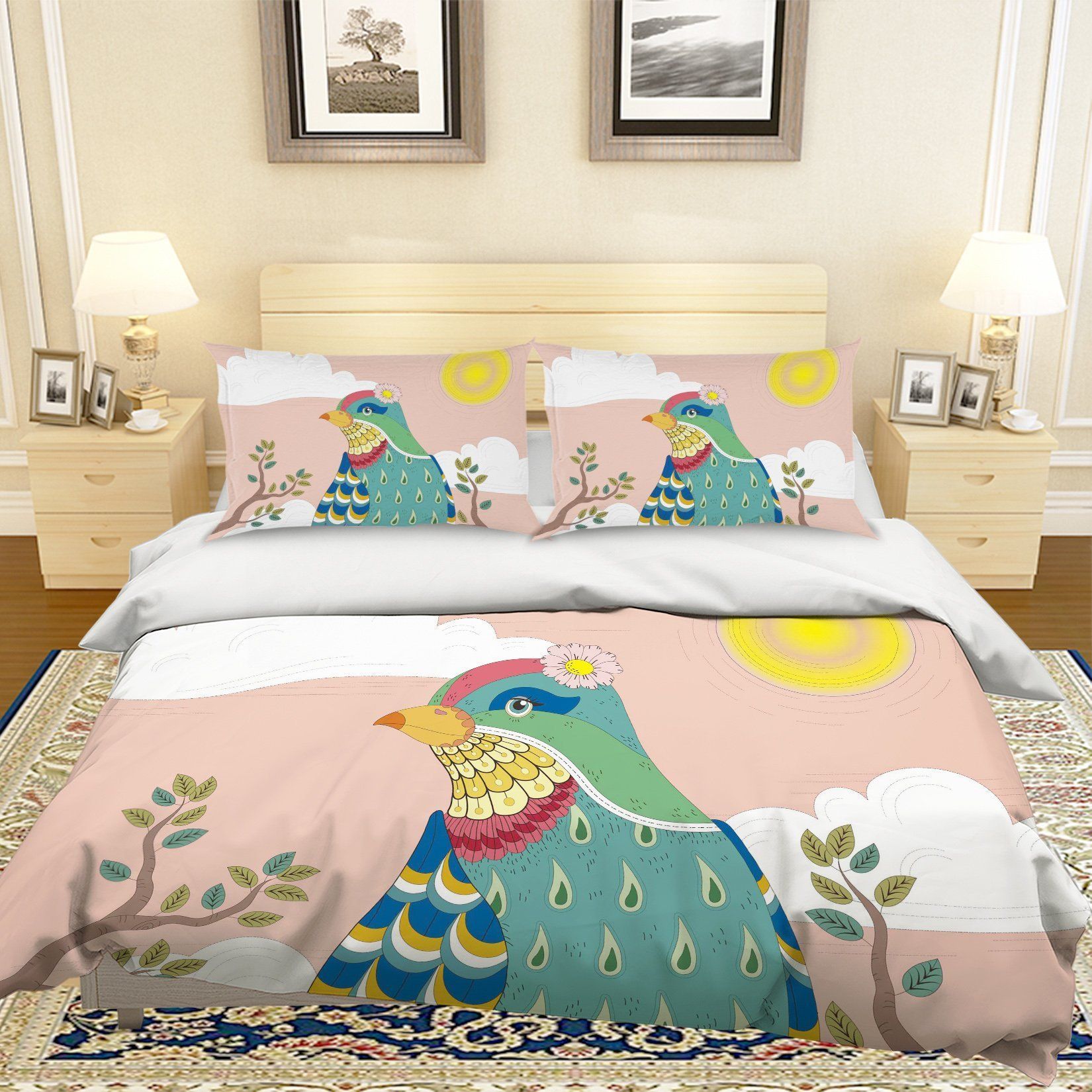 3d Cartoon Bird Green Bedding Set