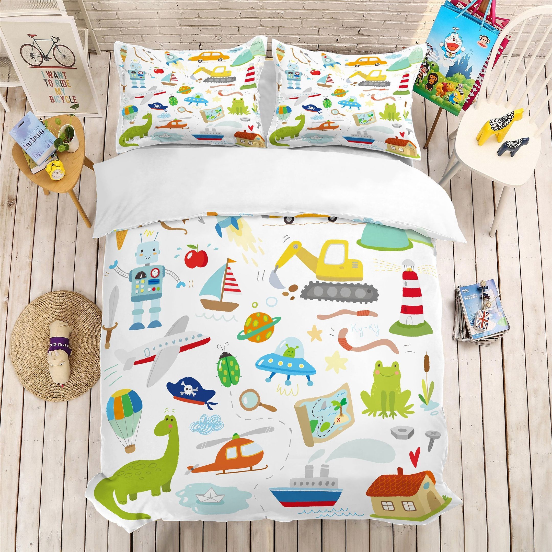 3d Cartoon Dinosaur Boat Airplane Car Bedding Set