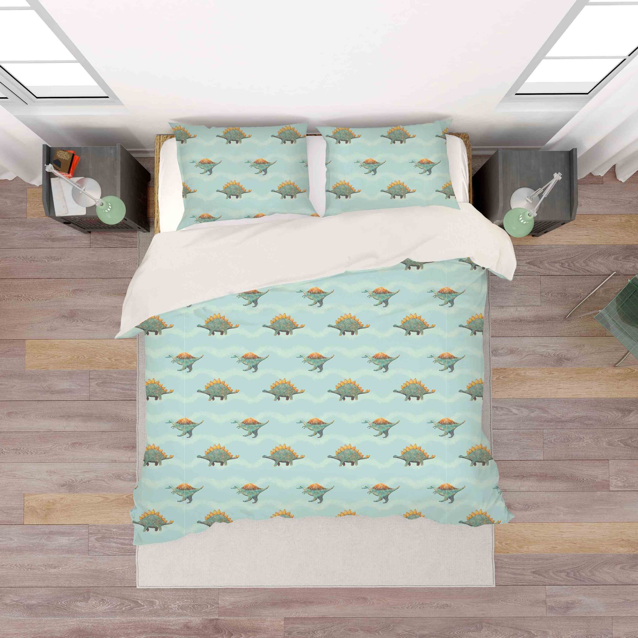 3d Cartoon Dinosaurs Pattern Green Background Bedding Set