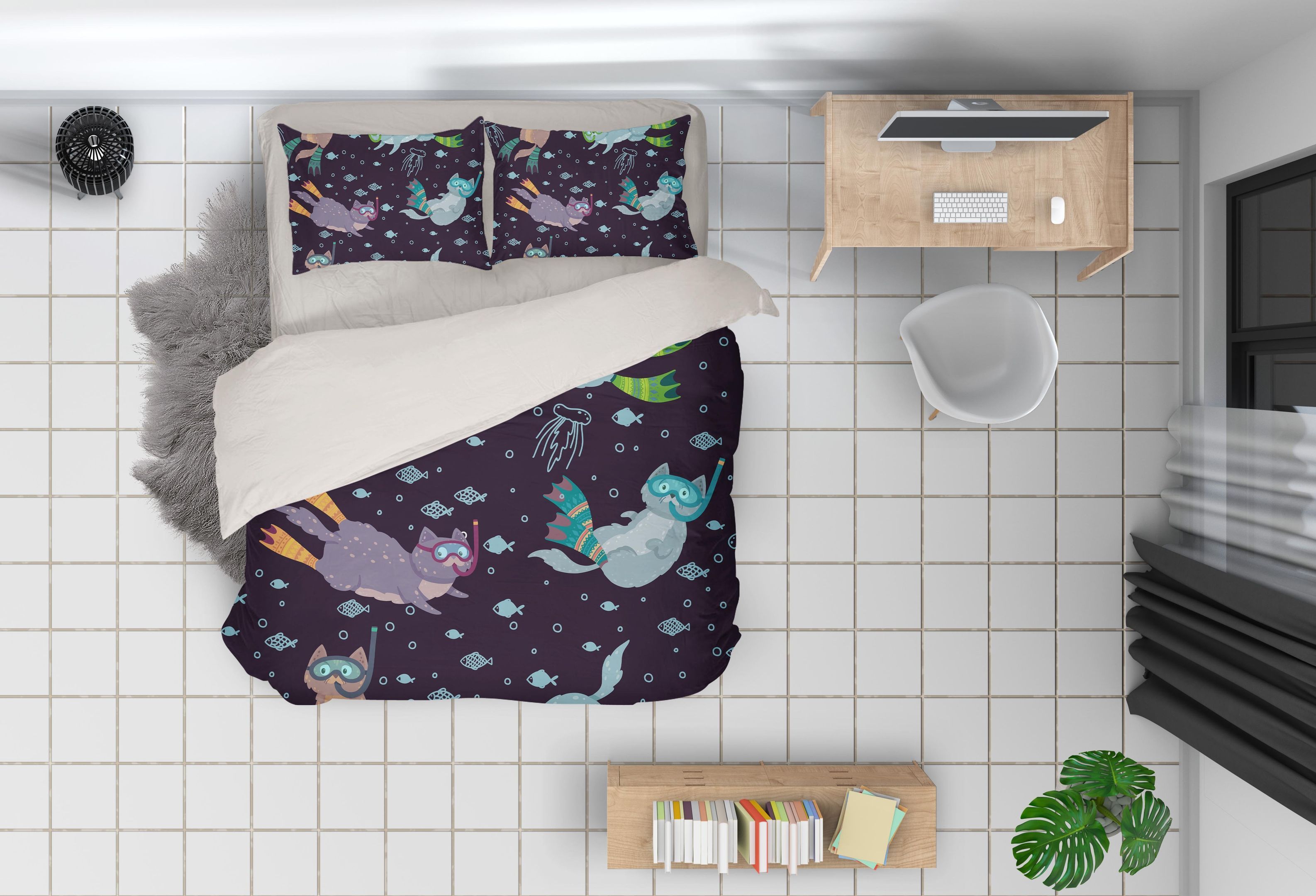 3d Cartoon Diving Cat Fish Bedding Set