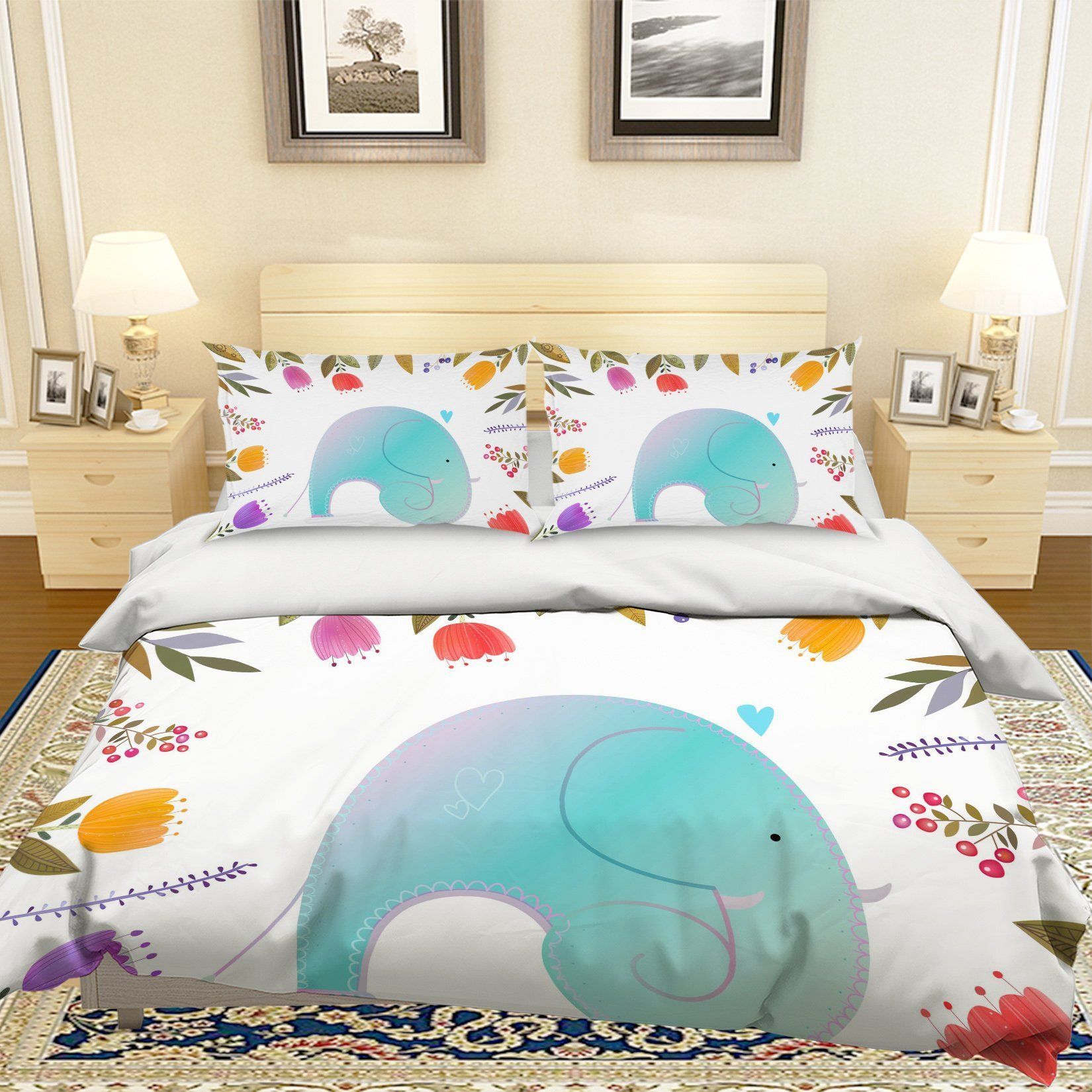 3d Cartoon Elephant Flower Bedding Set