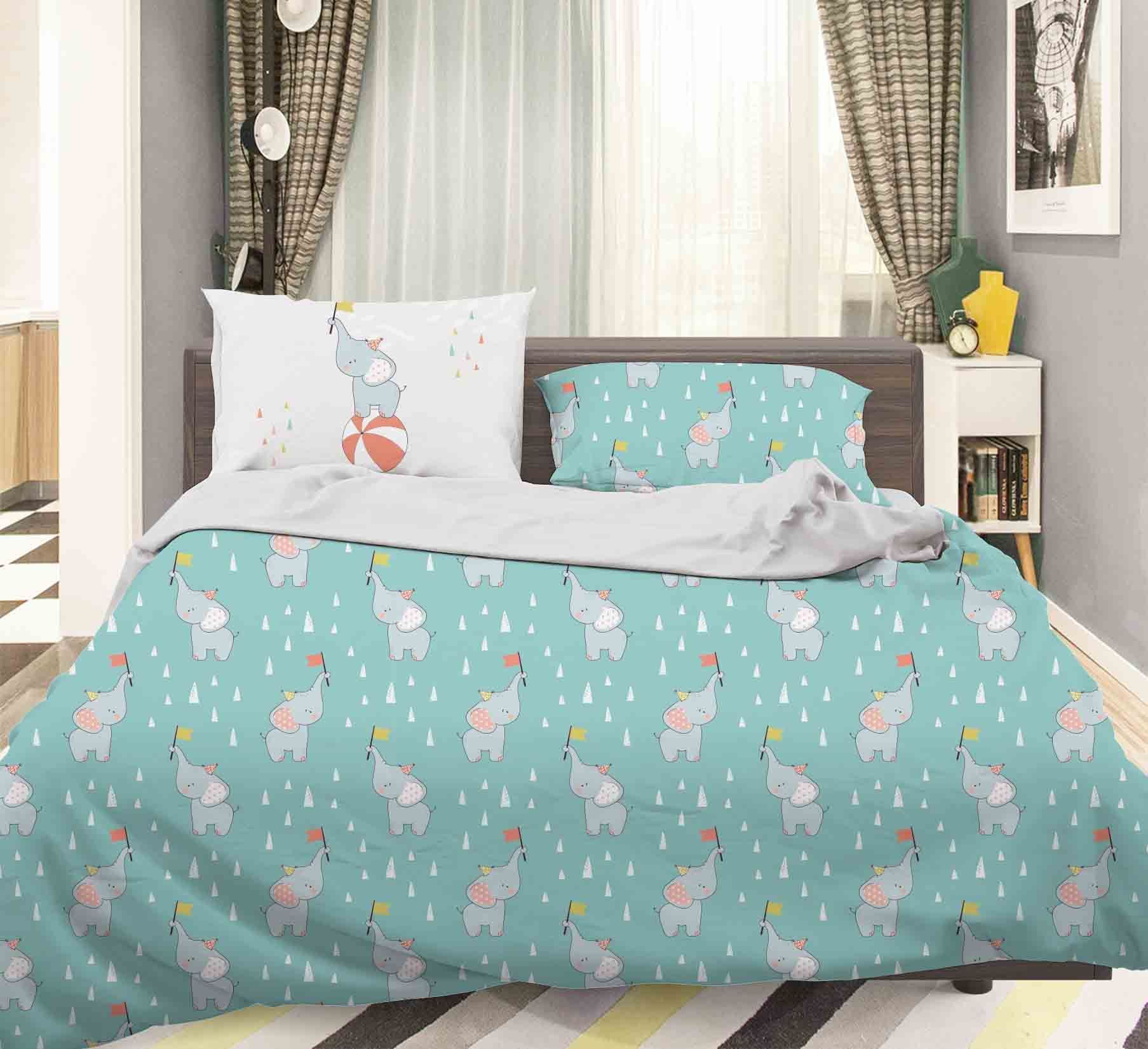 3d Cartoon Elephant Green Bedding Set