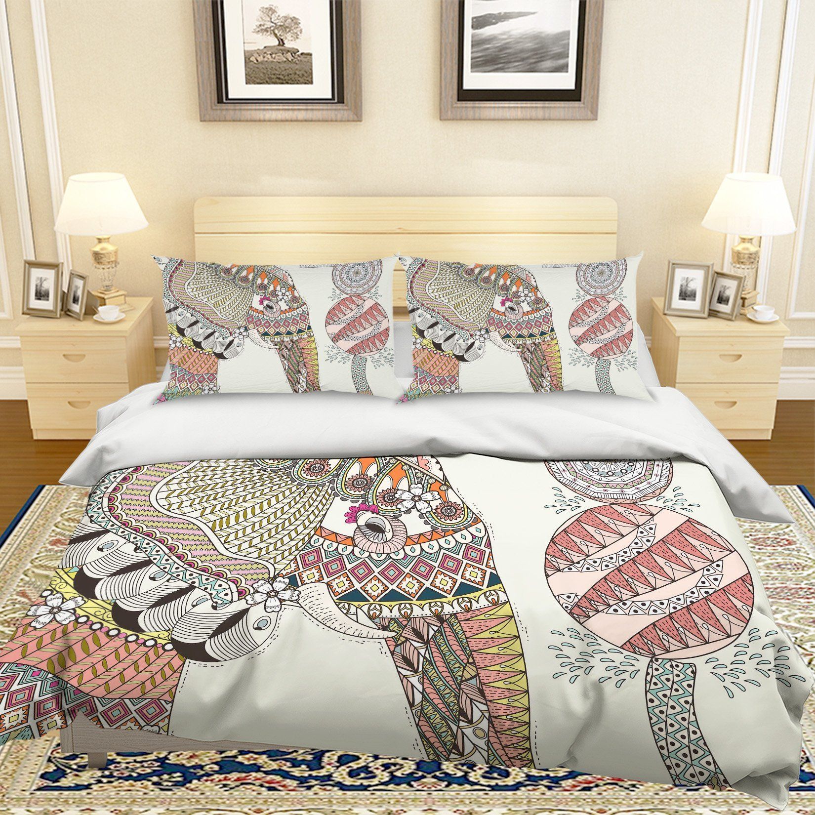 3d Cartoon Elephant Mandala Bedding Set