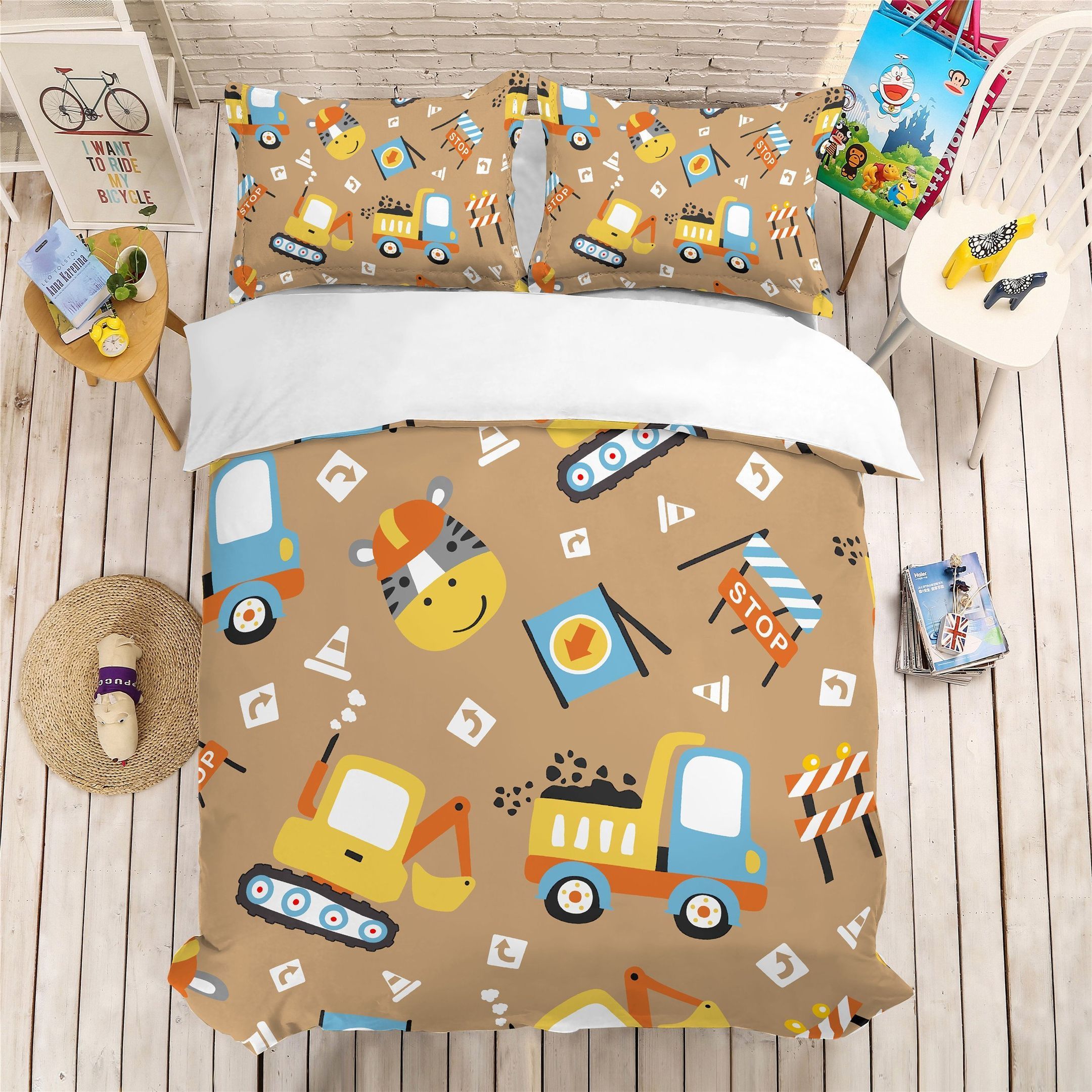 3d Cartoon Engineering Vehicle Traffic Sign Pattern Bedding Set