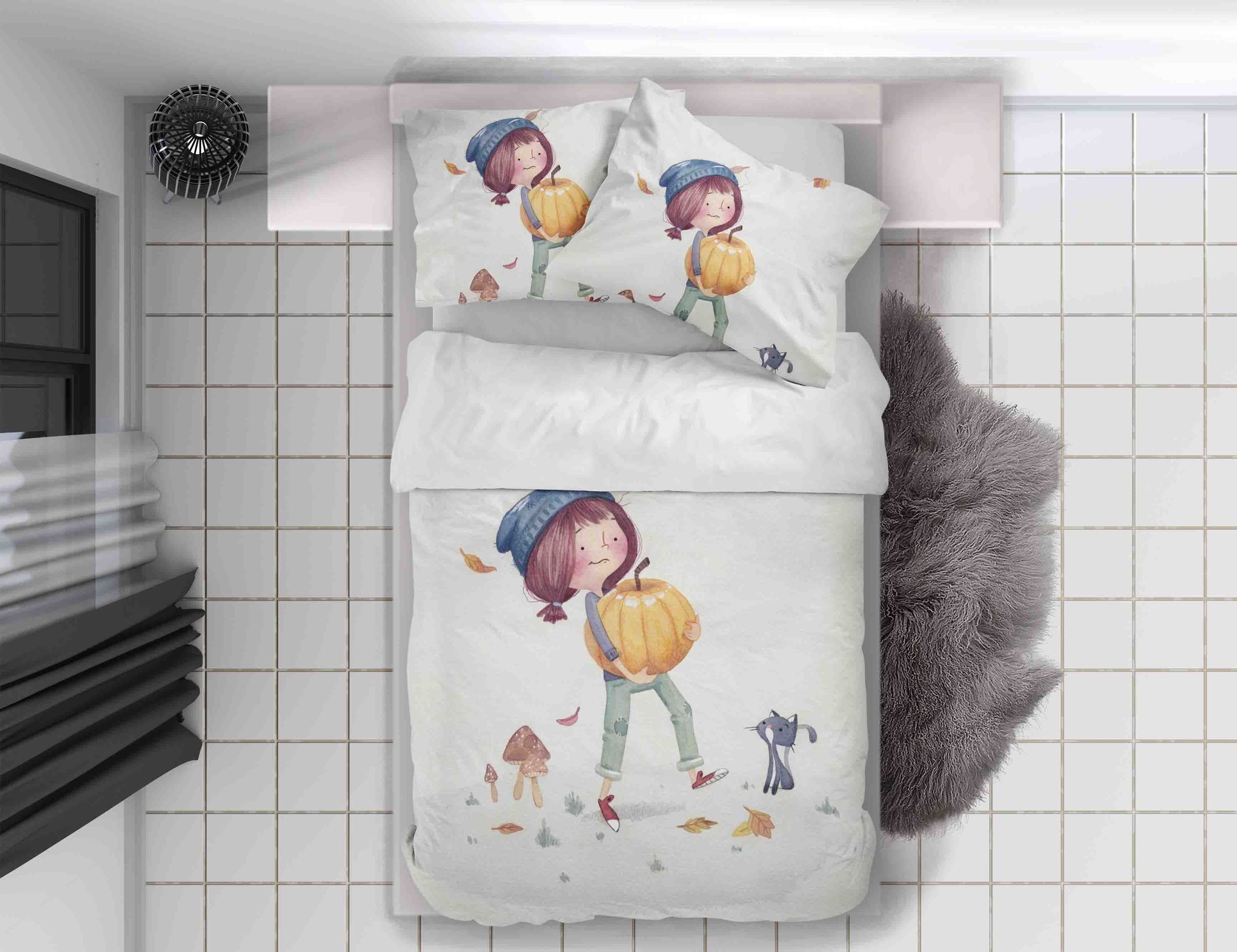 3d Cartoon Girl Pumpkin Cat Bedding Set