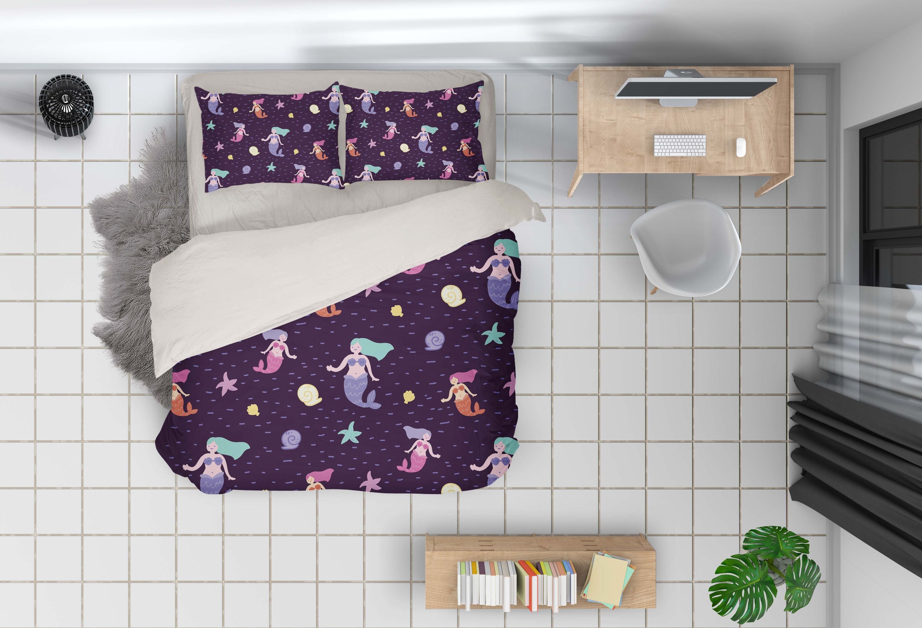 3d Cartoon Mermaid Purple Bedding Set