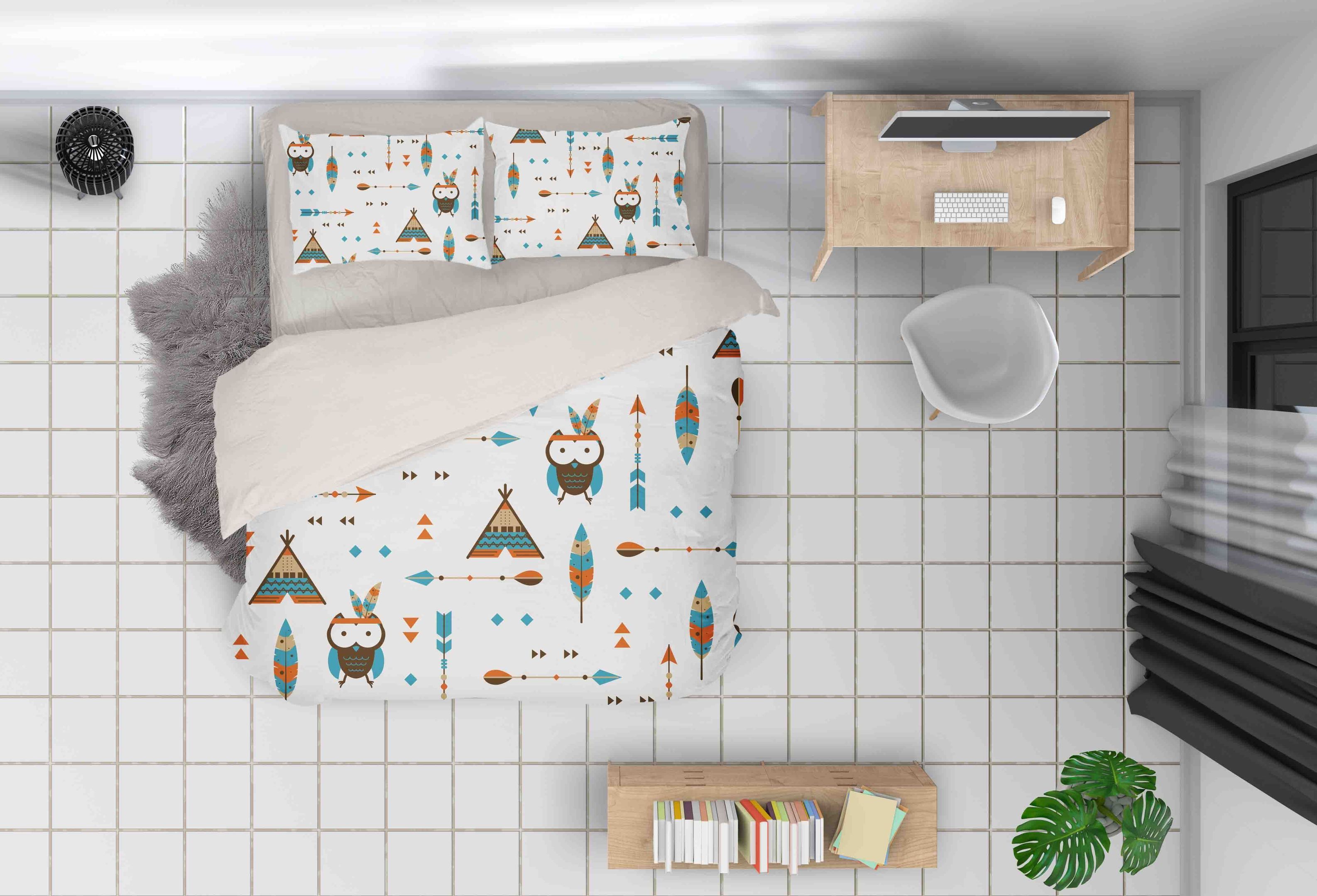 3d Cartoon Owl Feather Bedding Set