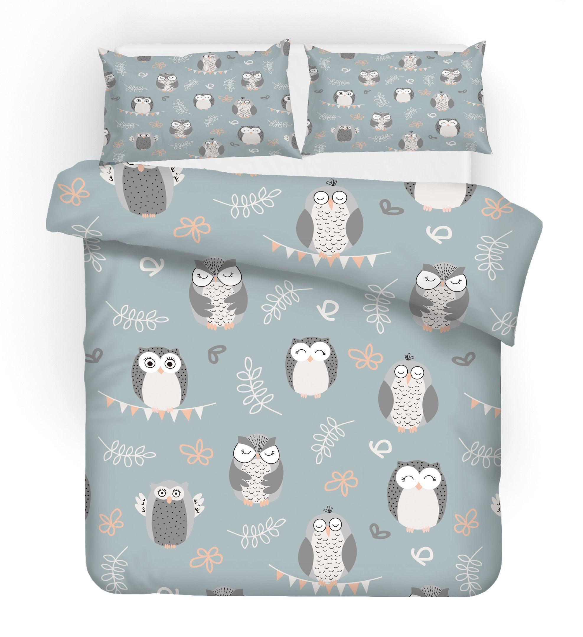 3d Cartoon Owl Floral Leaves Bedding Set