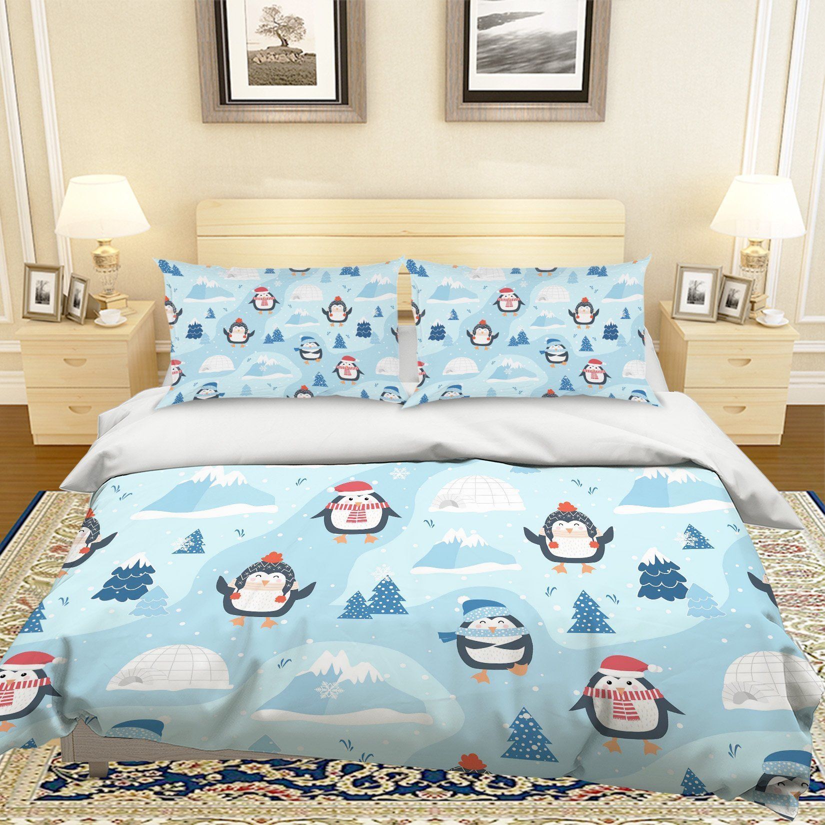 3d Cartoon Penguin Pine Bedding Set