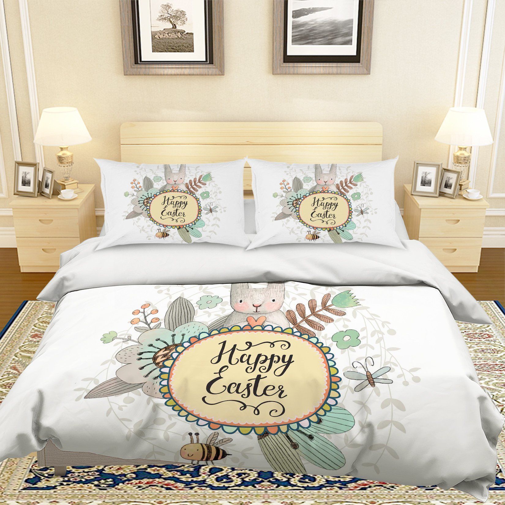 3d Cartoon Rabbit Flower Happy Easter Bedding Set
