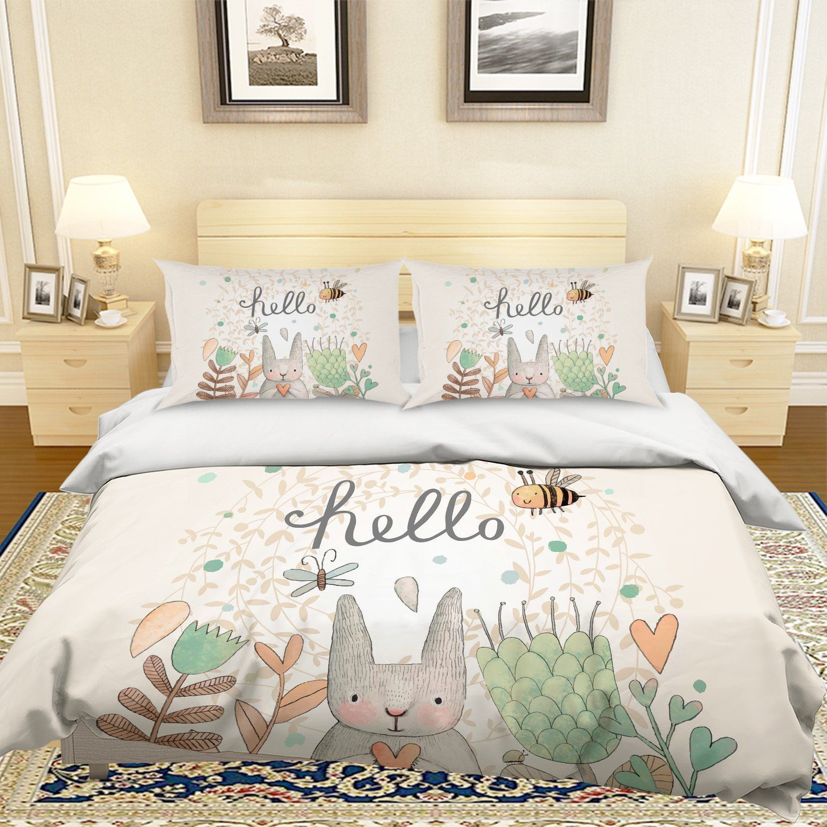 3d Cartoon Rabbit Flower Hello Bedding Set