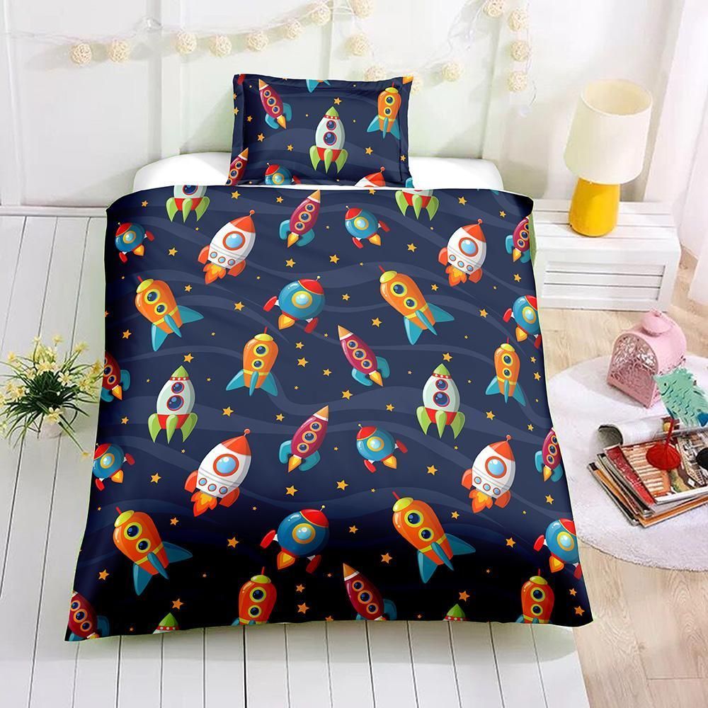 3d Cartoon Rocket In Space Bedding Set