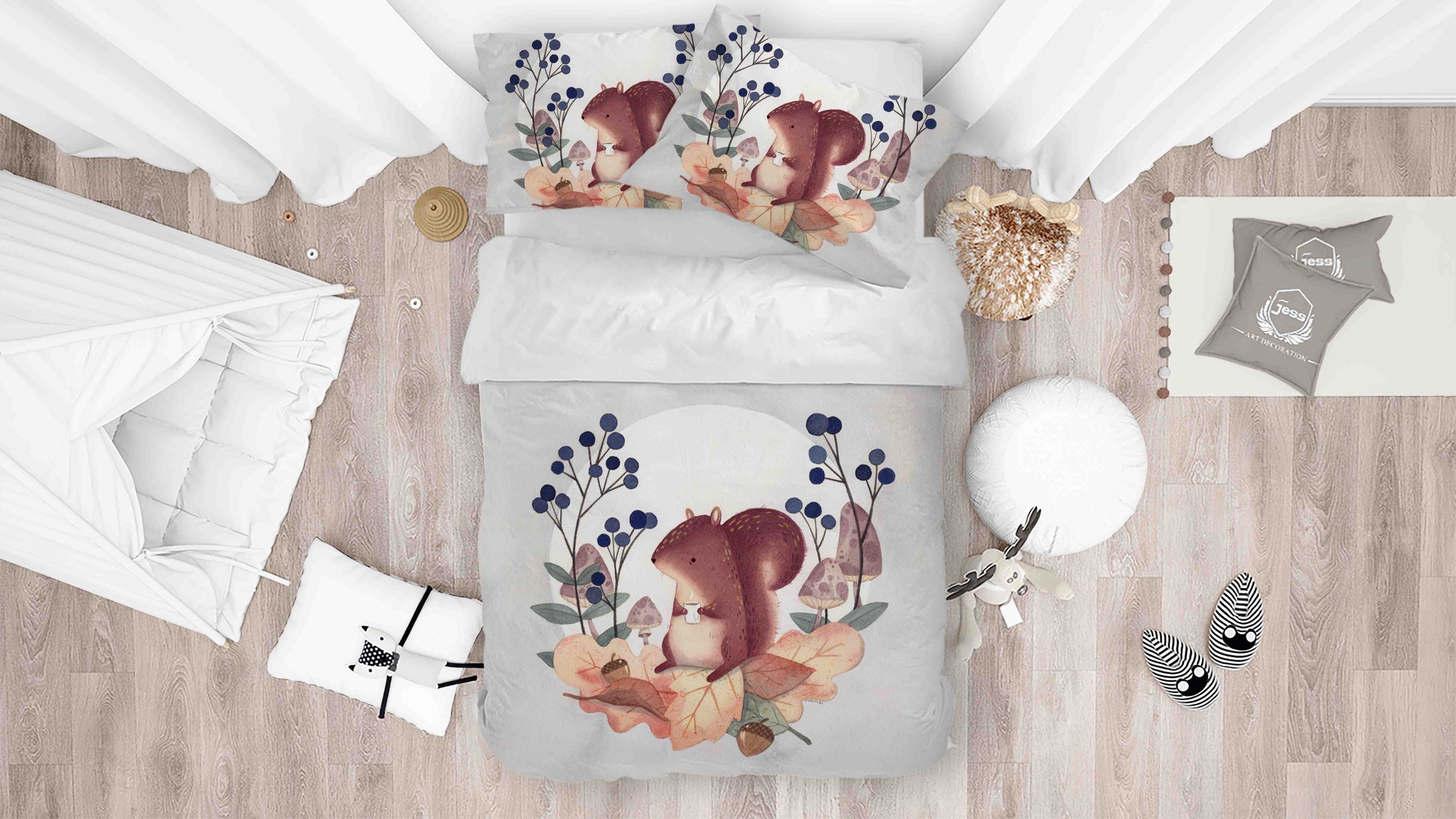 3d Cartoon Squirrel Mushroom Pinecone Leaves Bedding Set