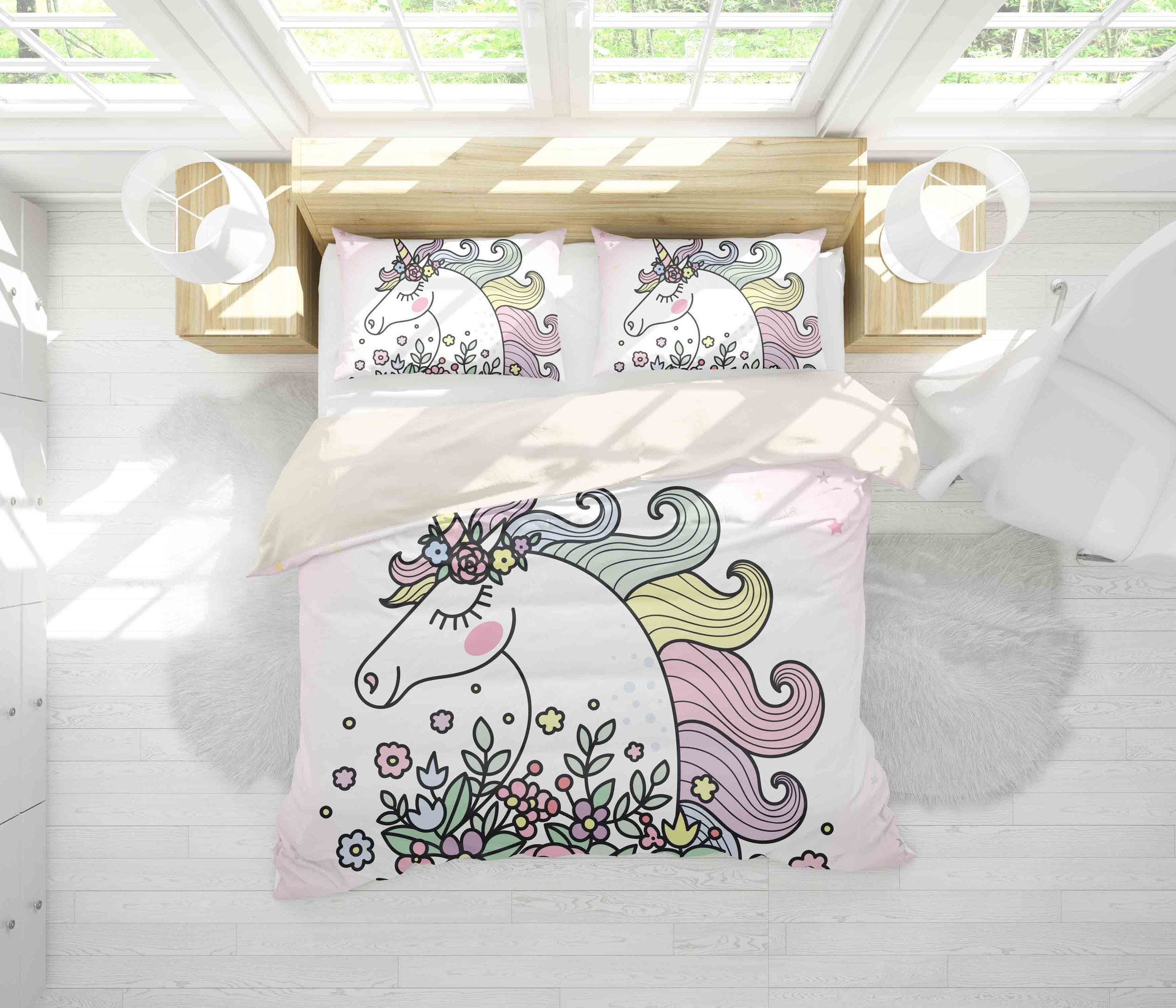 3d Cartoon Unicorn And Flowers Bedding Set