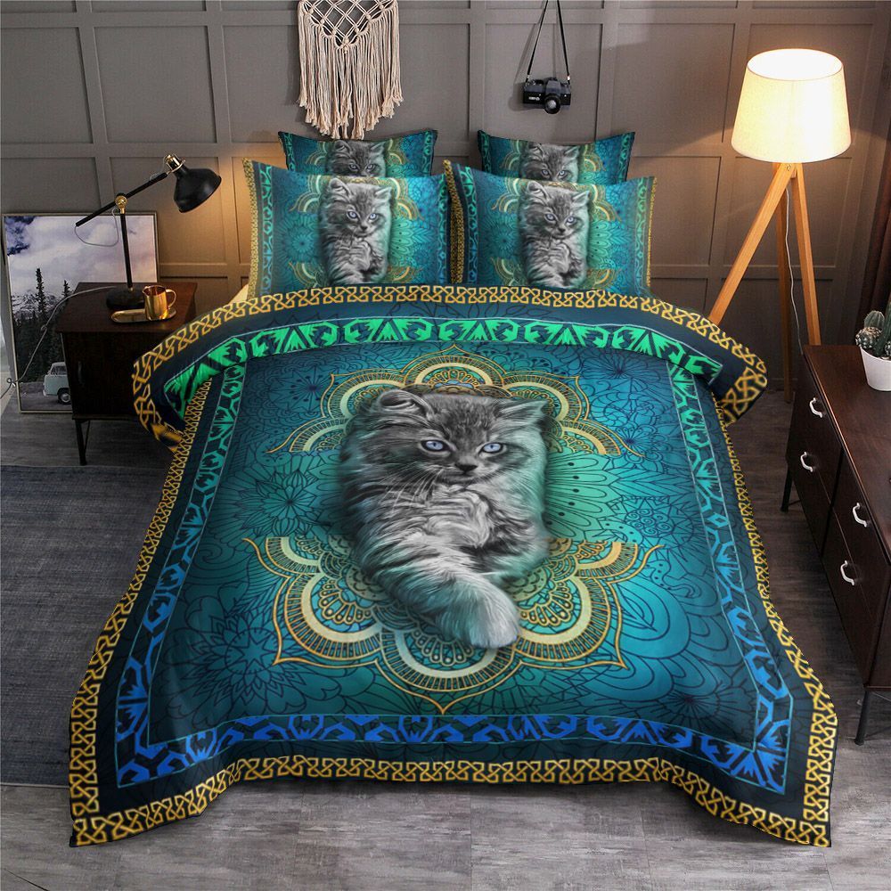 3D Cat Mandala Blue Bedding Set