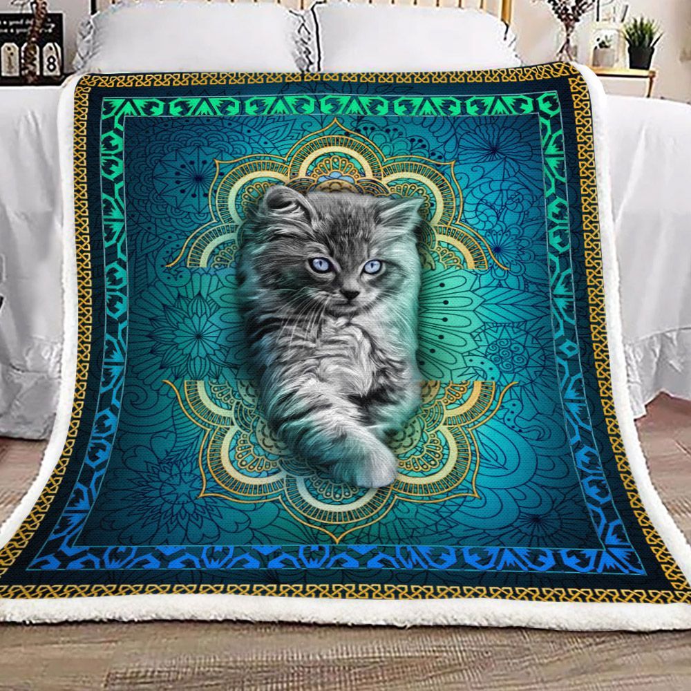 3d Cat Mandala Blue Sherpa Fleece Blanket