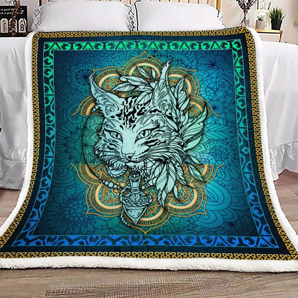 3d Cat Mandala Blue Sherpa Fleece Blanket