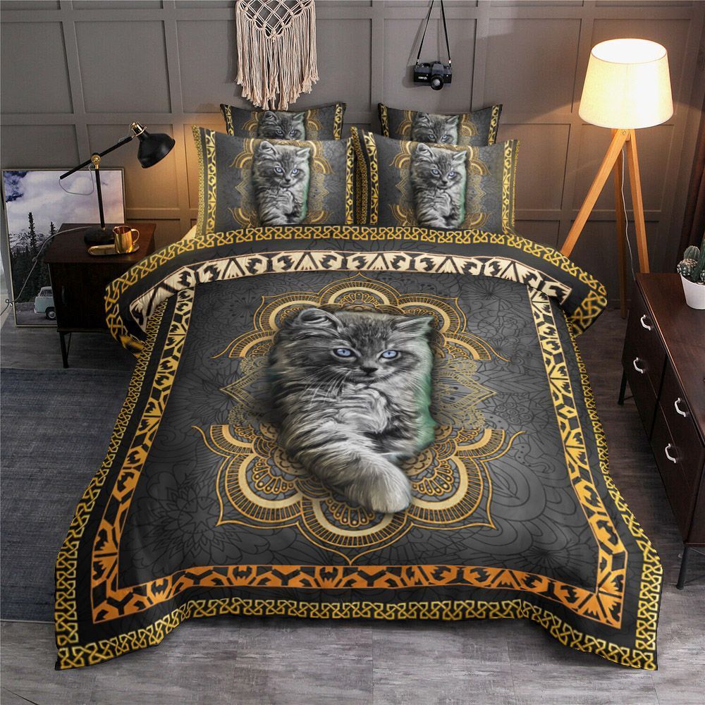 3D Cat Mandala Gold Bedding Set