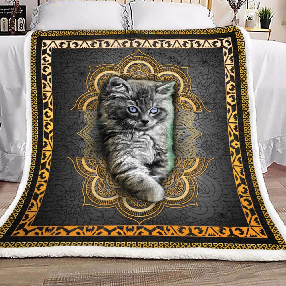 3d Cat Mandala Gold Sherpa Fleece Blanket