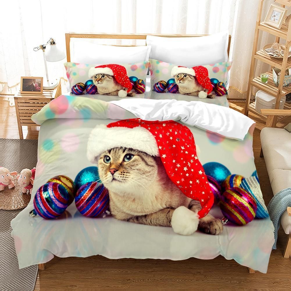 3d Christmas Cat And Bell Bedding Set