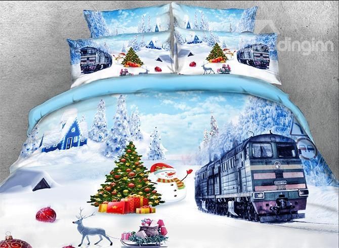 3D Christmas Snowman And Train Bedding Set
