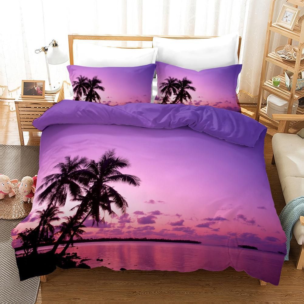 3d Coconut Tree Purple Sky Bedding Set