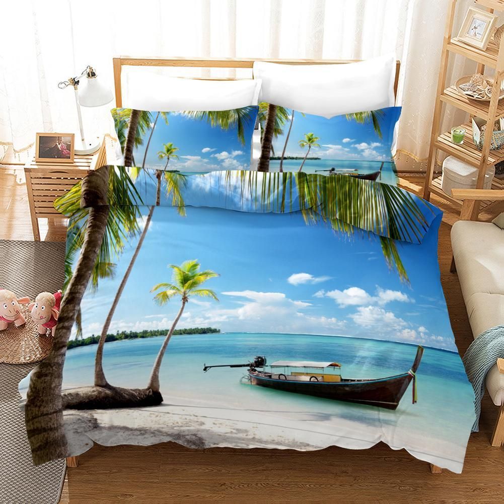 3d Coconut Trees Beach Sky Scenery Bedding Set