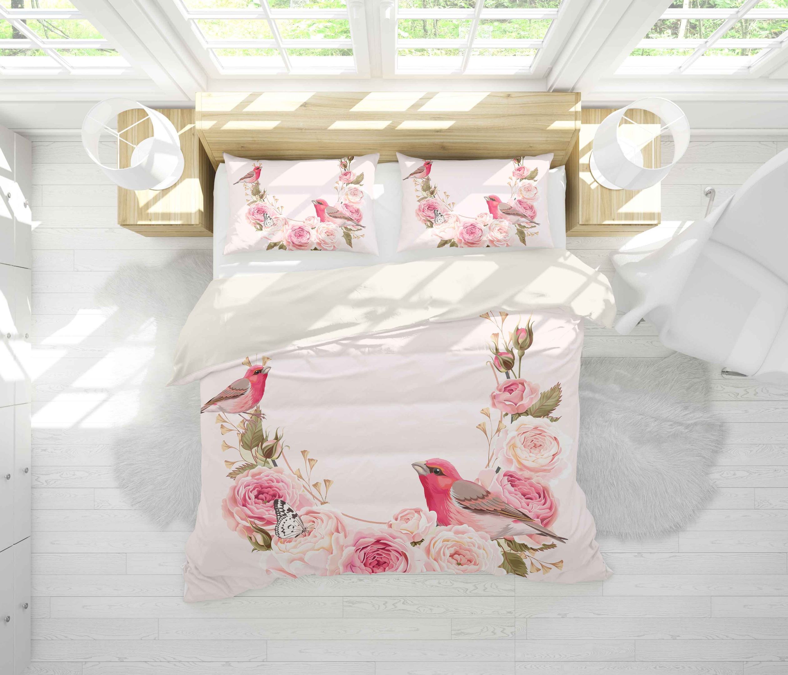 3d Color Flowers Bird Pink Background Comfortable Bedding Set