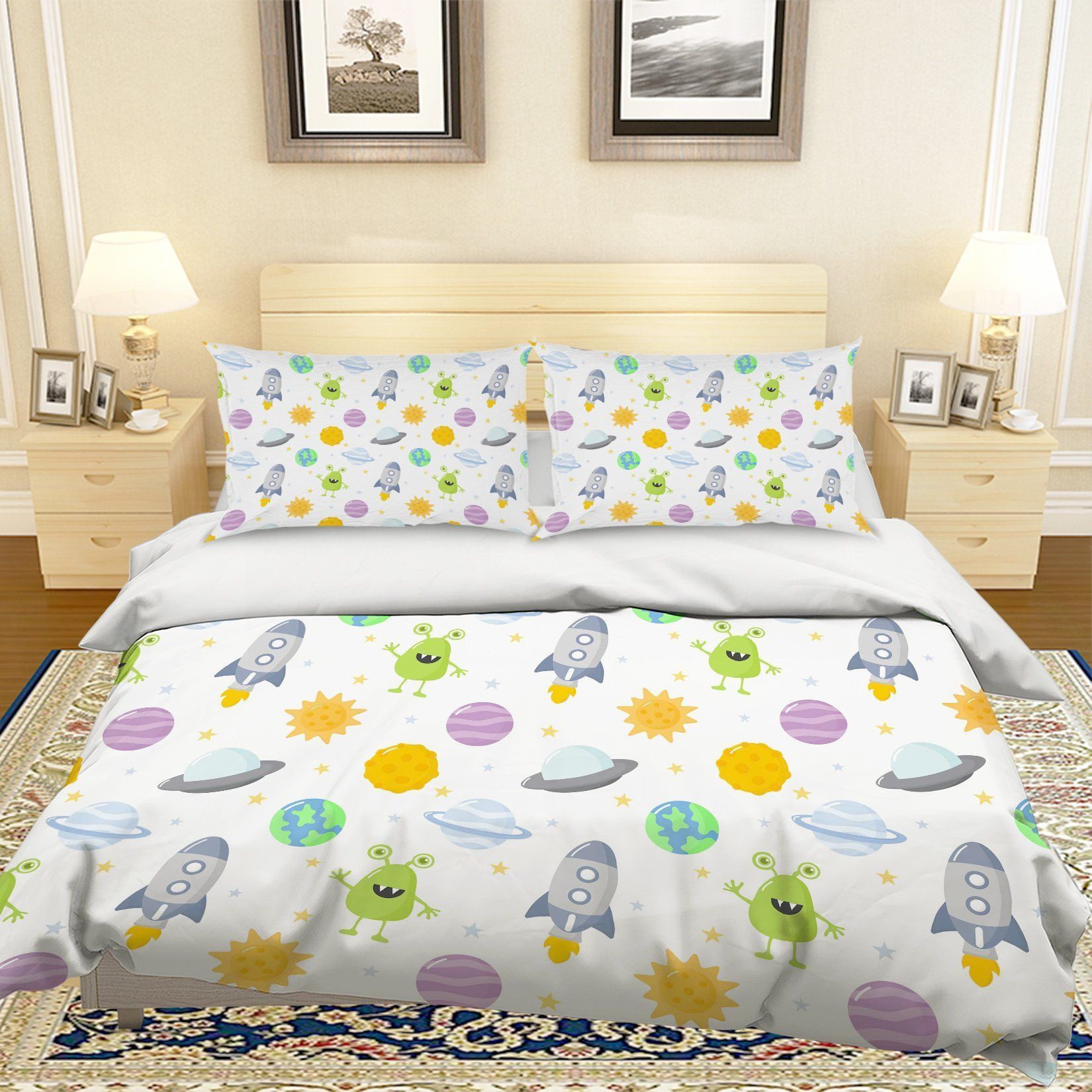 3d Colorful Cartoon Space Rocket Bedding Set