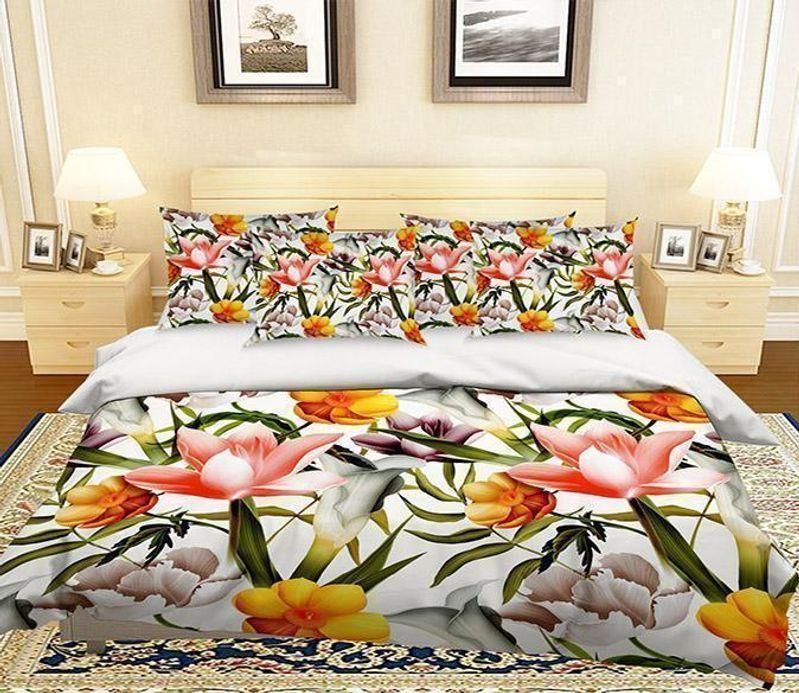 3D Colorful Flowers White Bedding Set