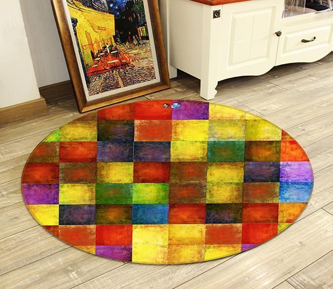 3D Colorful Square Grids Round Carpet