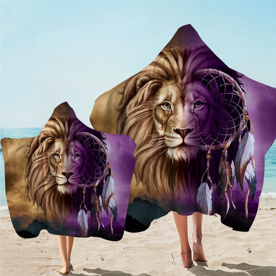 3d Contrast Brown And Purple Lion Dreamcatcher Pattern Printed Hooded Towel