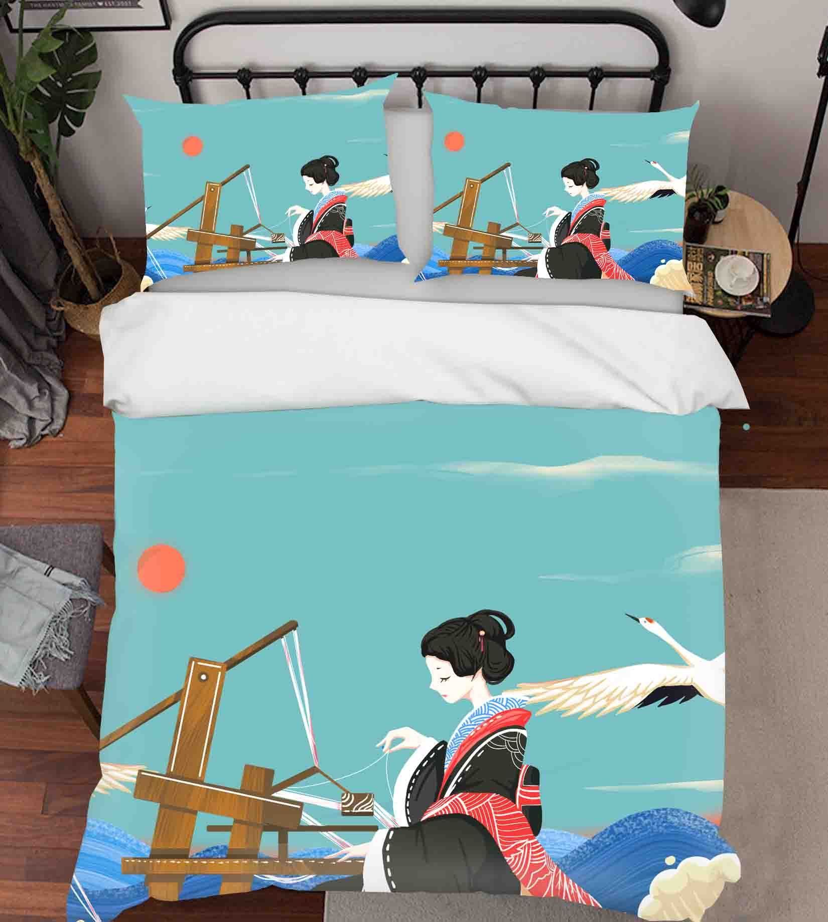 3d Crane Kimono Woman Bedding Set