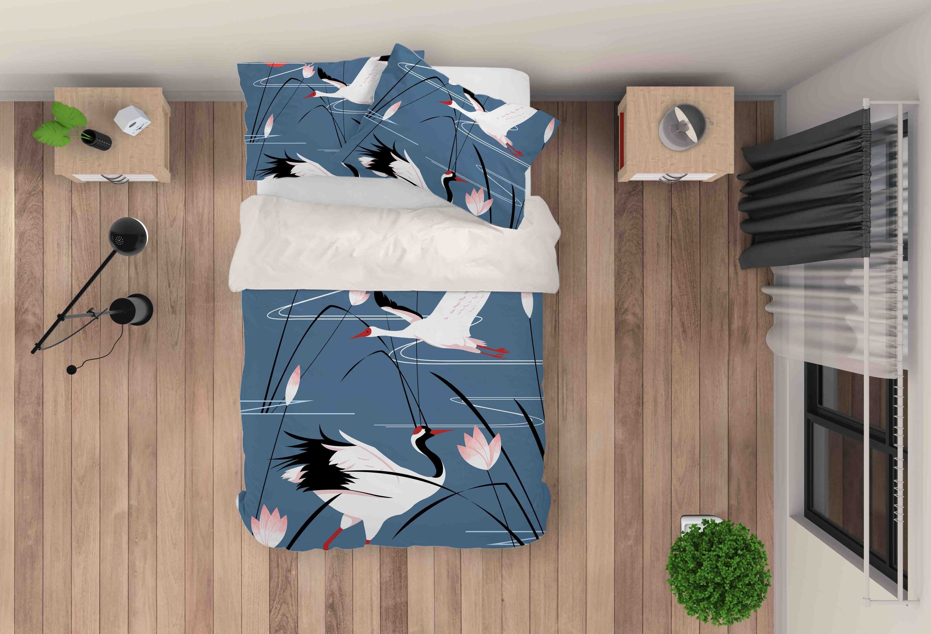 3d Crane Lotus Blue Bedding Set