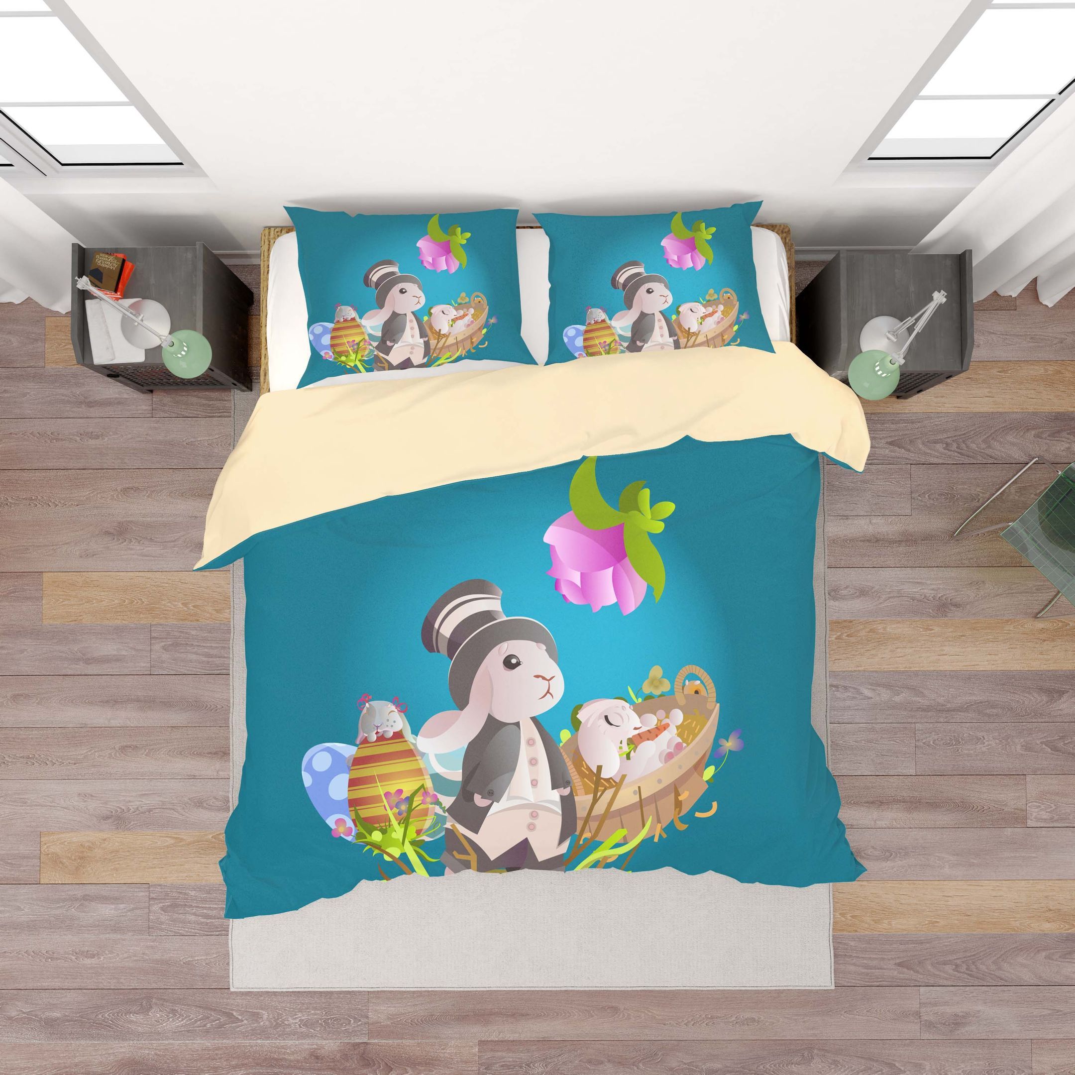 3d Cute Blue Rabbit Basket Eggs Floral Bedding Set