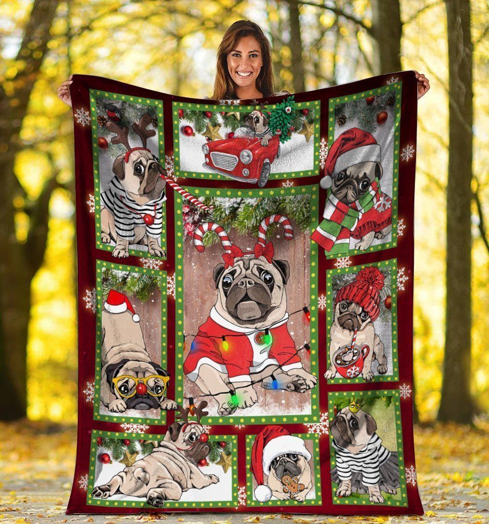 3d Cute Pug Dog Christmas Xmas Fleece Blanket