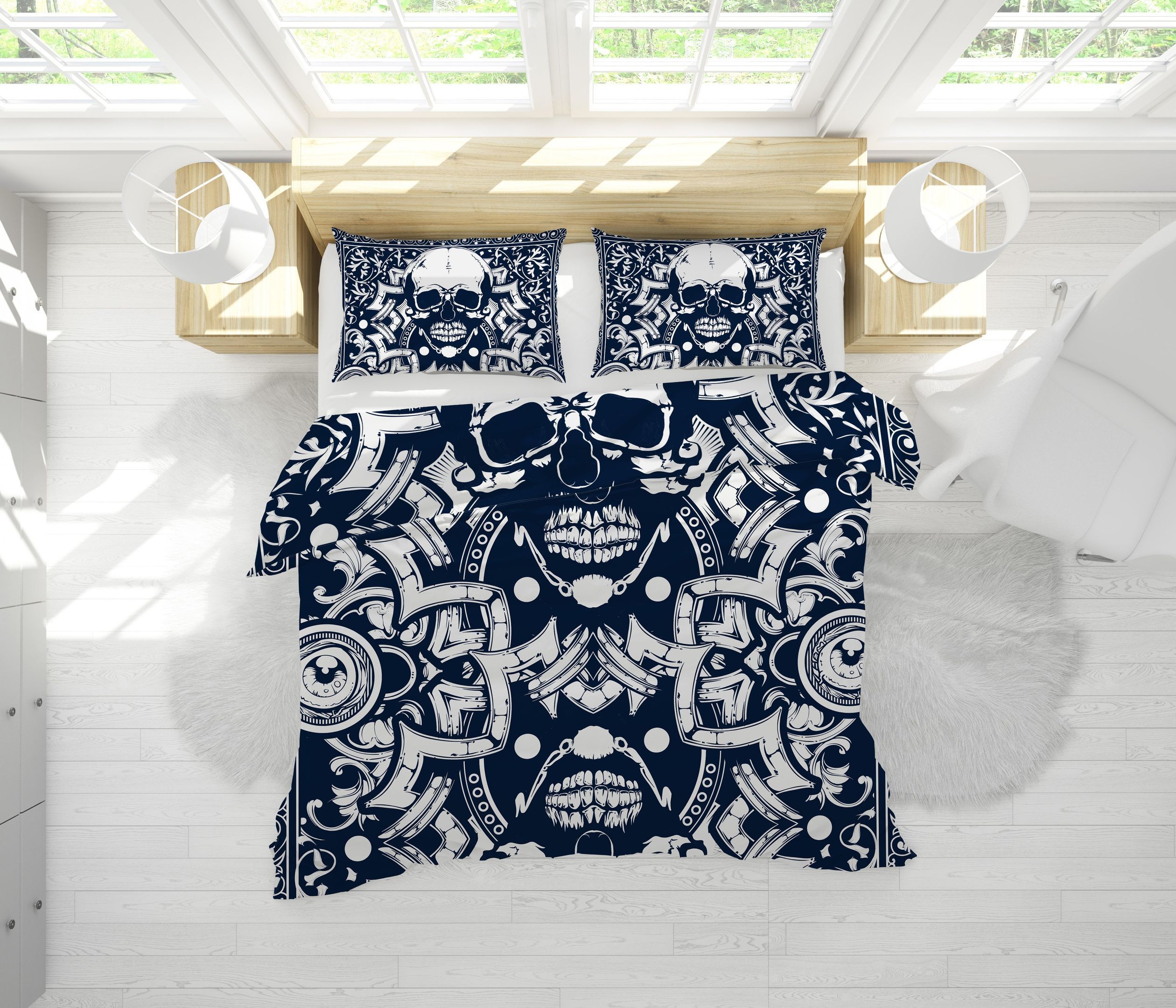 3d Dark Blue Abstract Skull Bedding Set