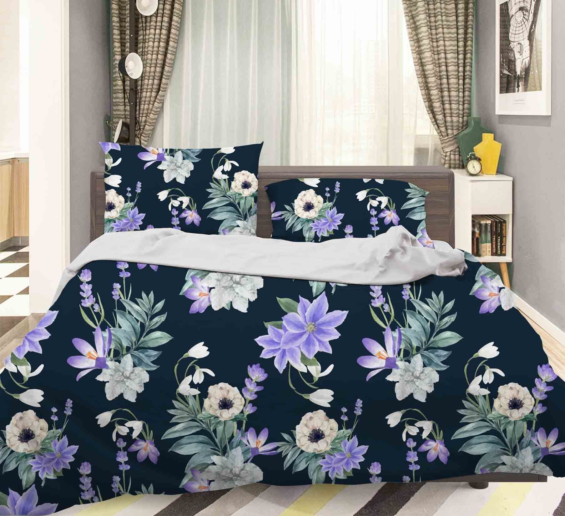3d Dark Blue Floral Bedding Set
