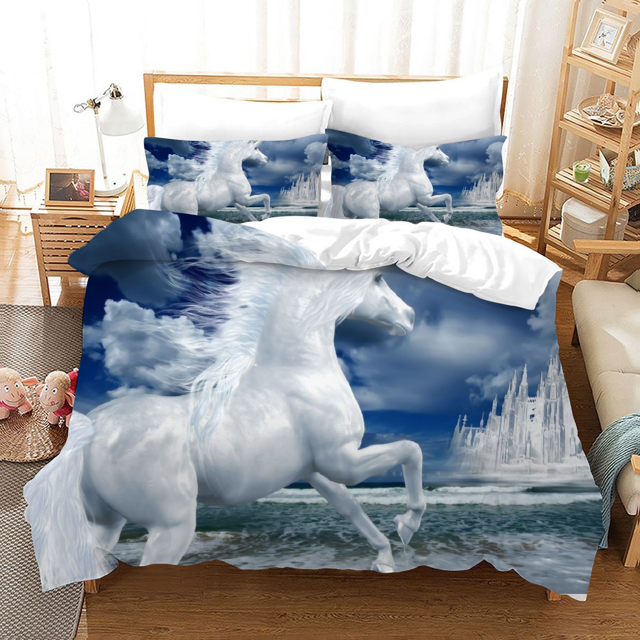 3d Dark Clouds White Unicorn Bedding Set