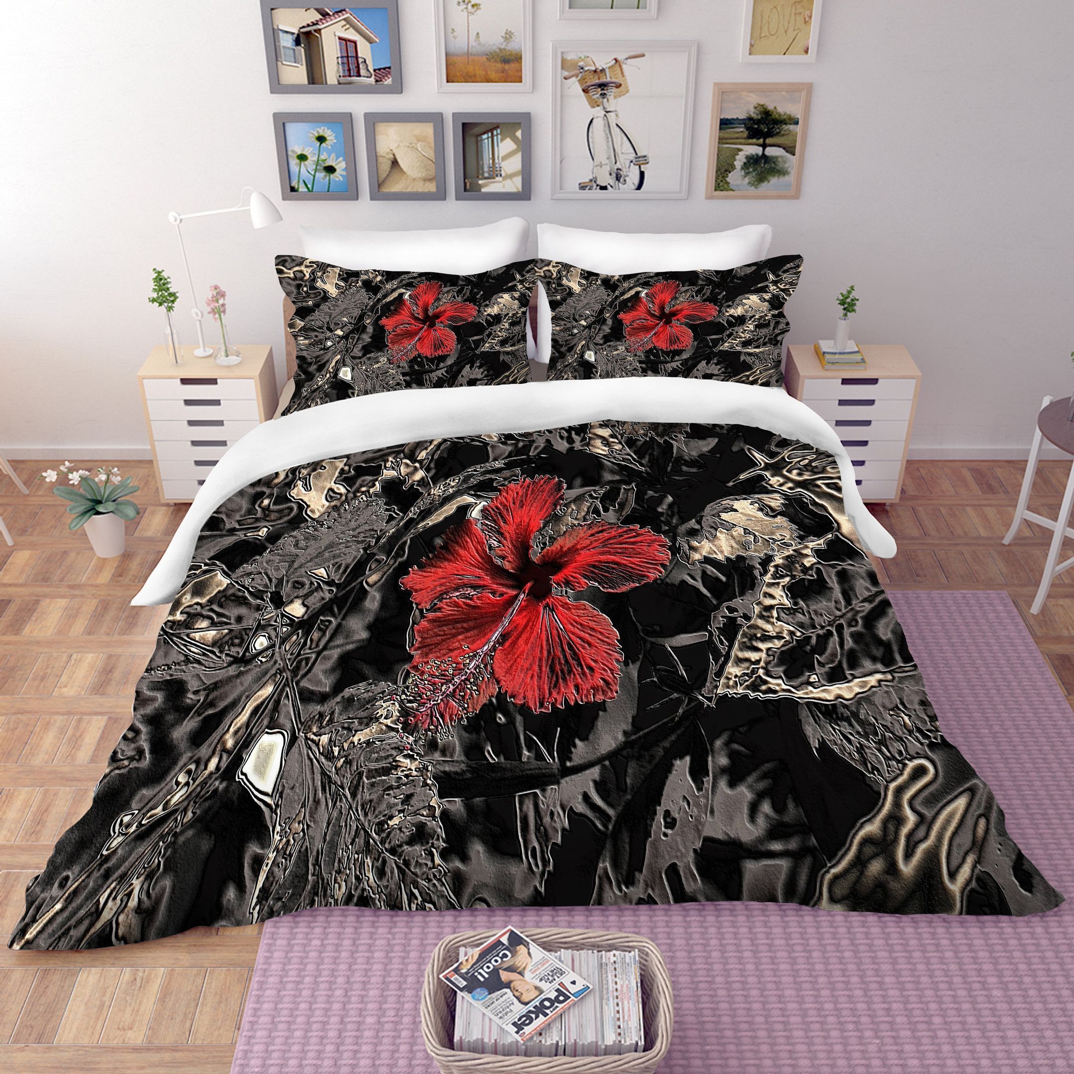 3d Dark Red Floral Bedding Set