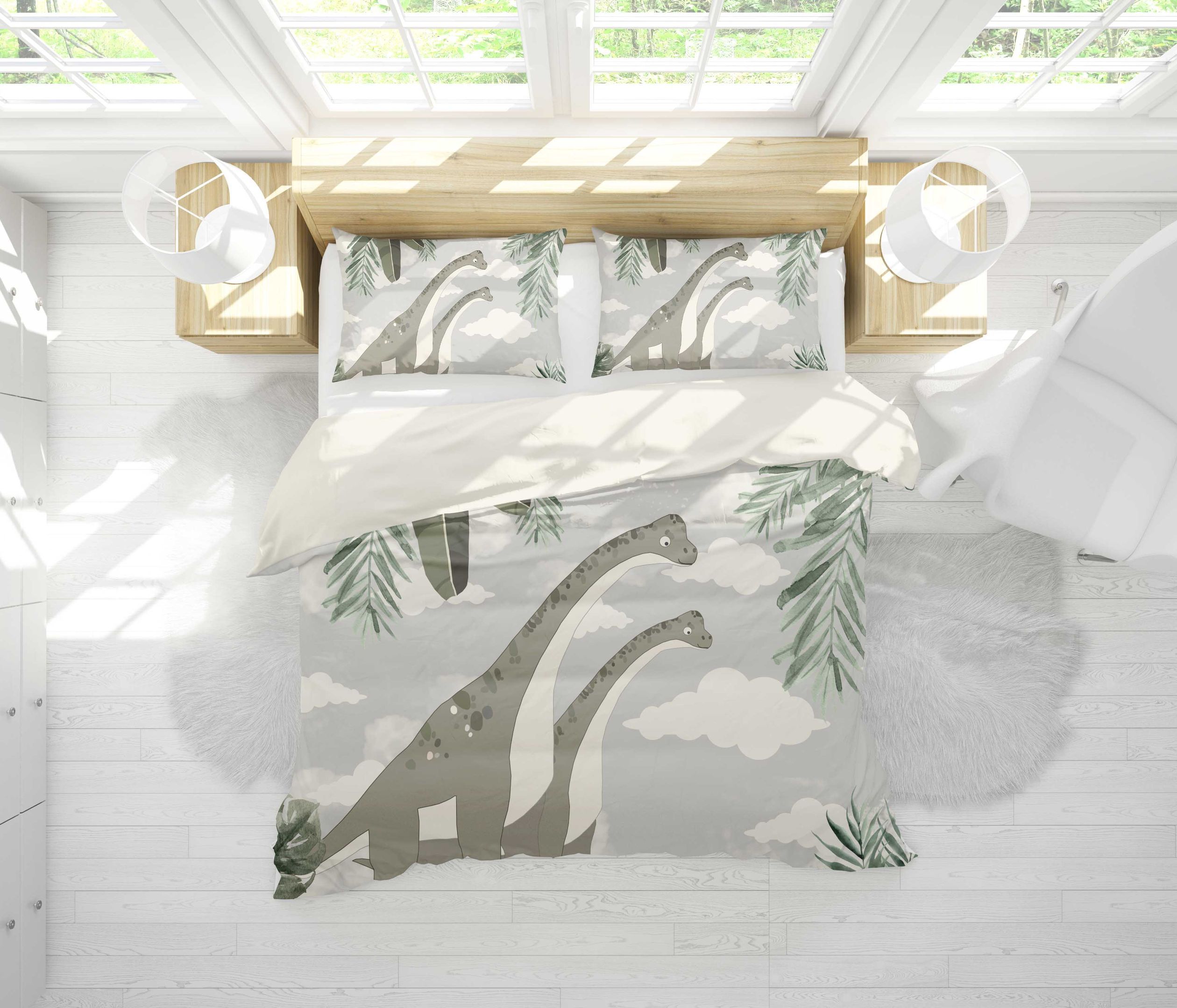3d Dinosaur Clouds Leaves Bedding Set