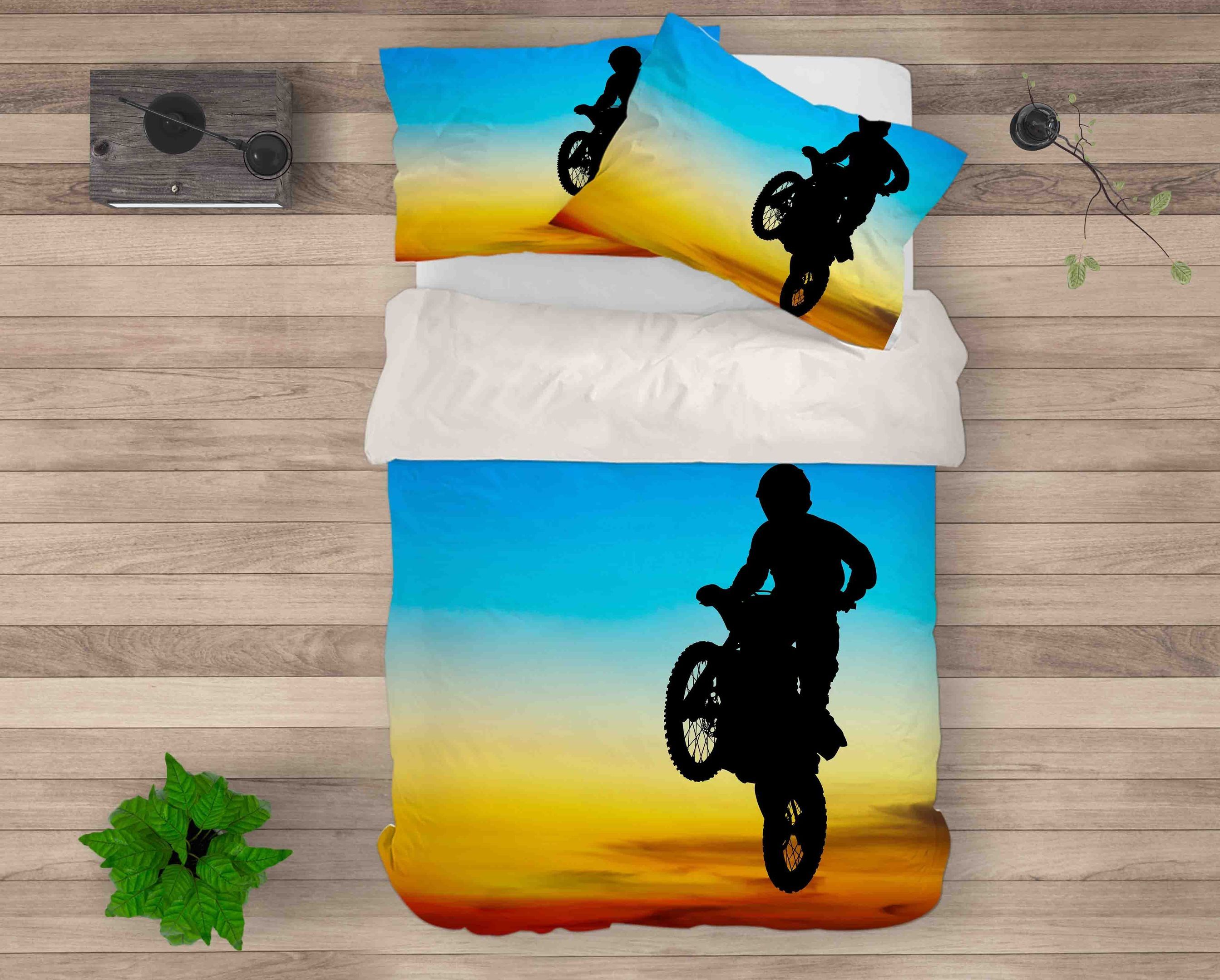 3d Dirt Bike Blue Sky Sunset Bedding Set