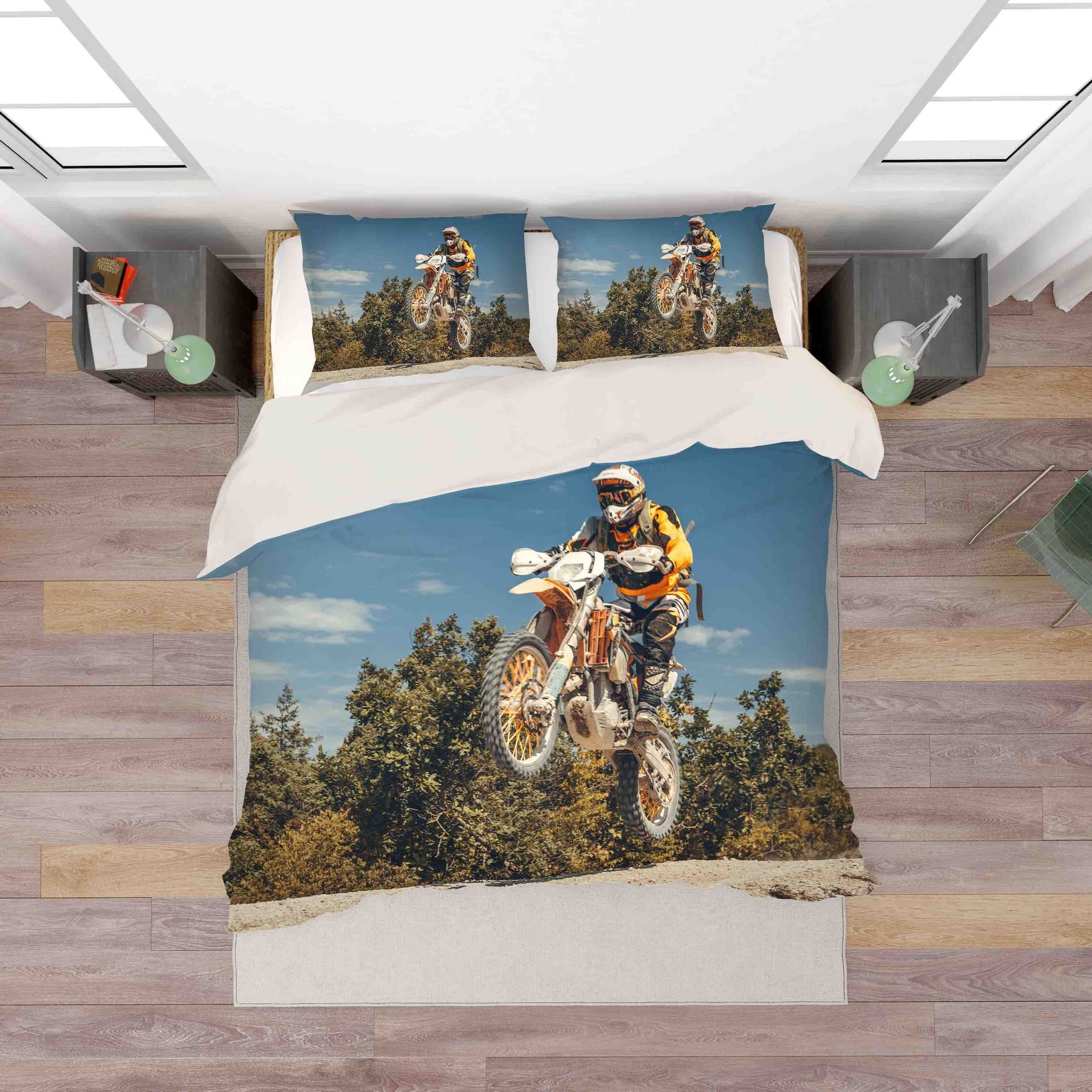 3d Dirt Bike Forest Blue Sky Bedding Set
