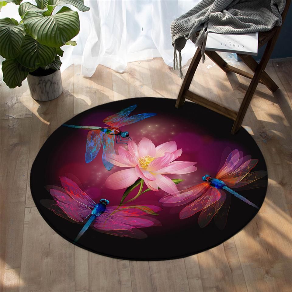 3D Dragonflies Lotus Round Carpet