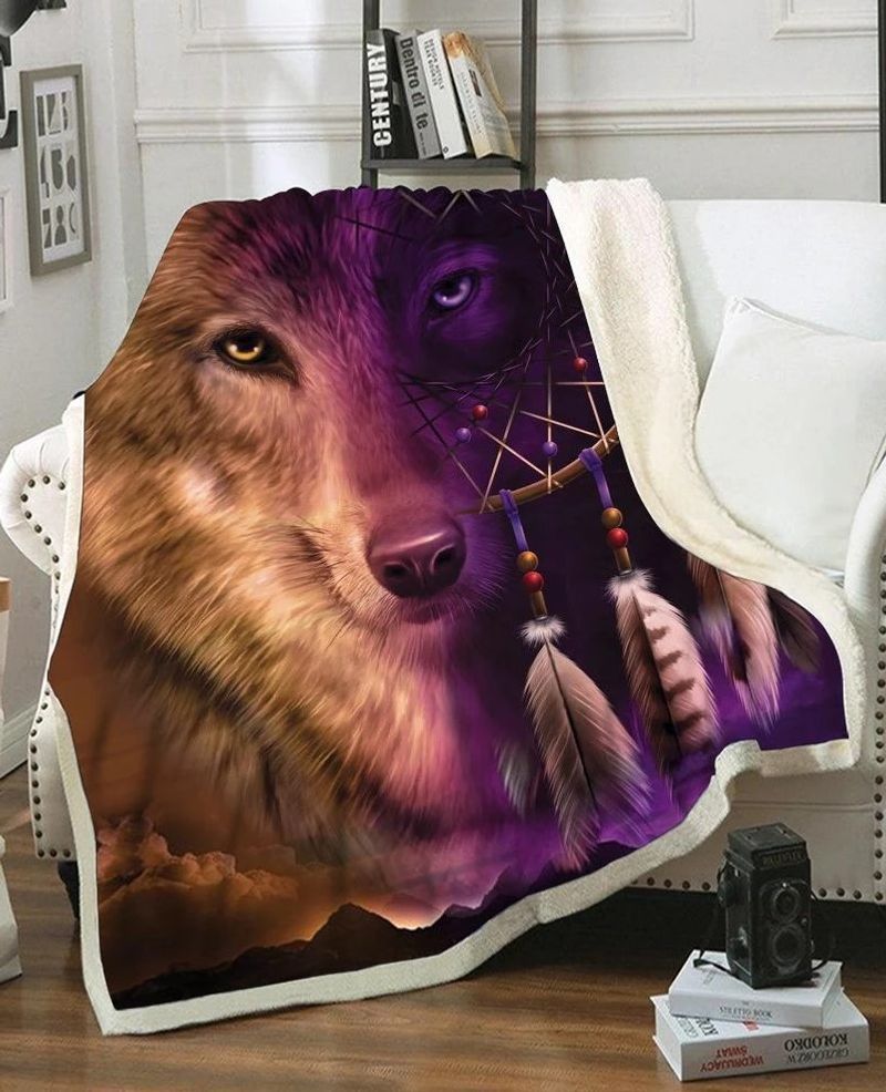 3d Dreamcatcher Native Wolf Sherpa Fleece Blanket