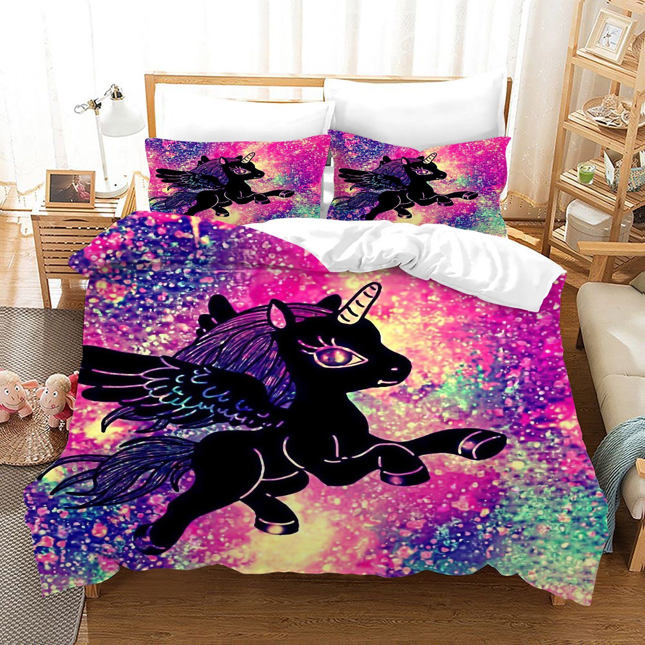 3d Dreamlike Rainbow Black Unicorn Bedding Set